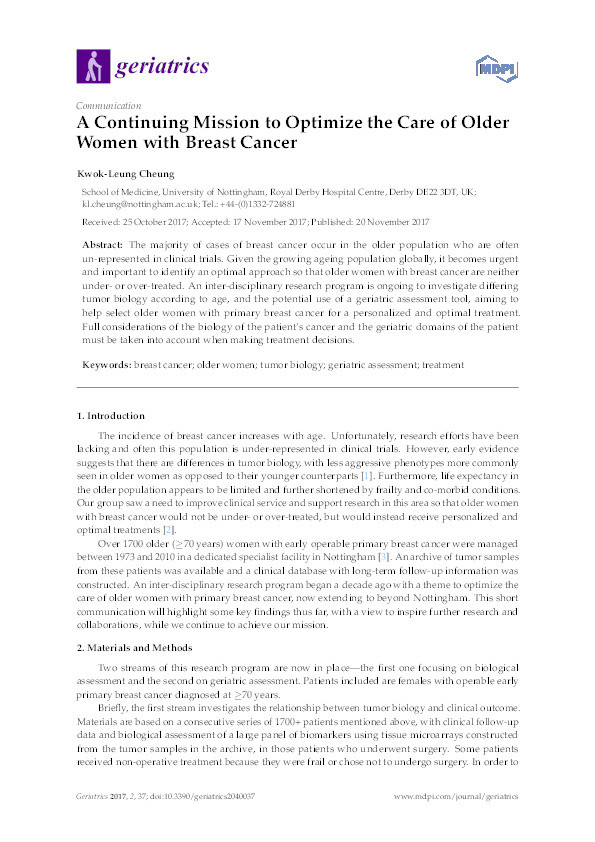 A continuing mission to optimize the care of older women with breast cancer Thumbnail