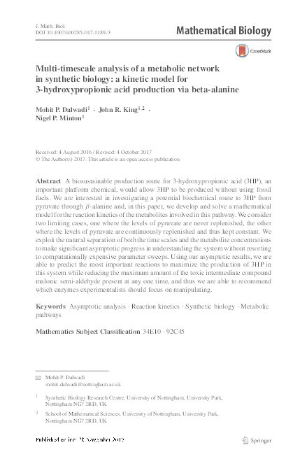 Multi-timescale analysis of a metabolic network in synthetic biology: a kinetic model for 3-hydroxypropionic acid production via beta-alanine Thumbnail