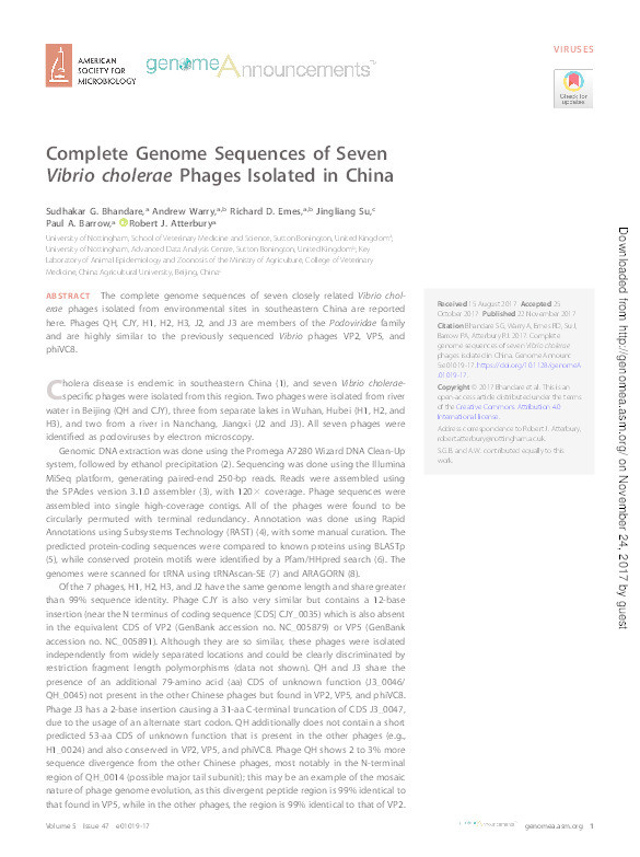 Complete Genome Sequences of Seven                    Vibrio cholerae                    Phages Isolated in China Thumbnail