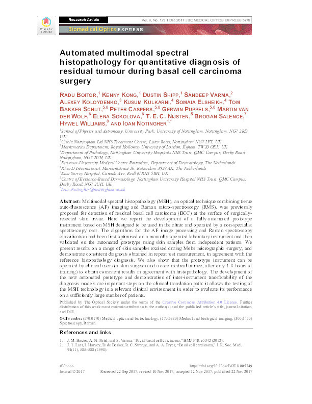 Automated multimodal spectral histopathology for quantitative diagnosis of residual tumour during basal cell carcinoma surgery Thumbnail