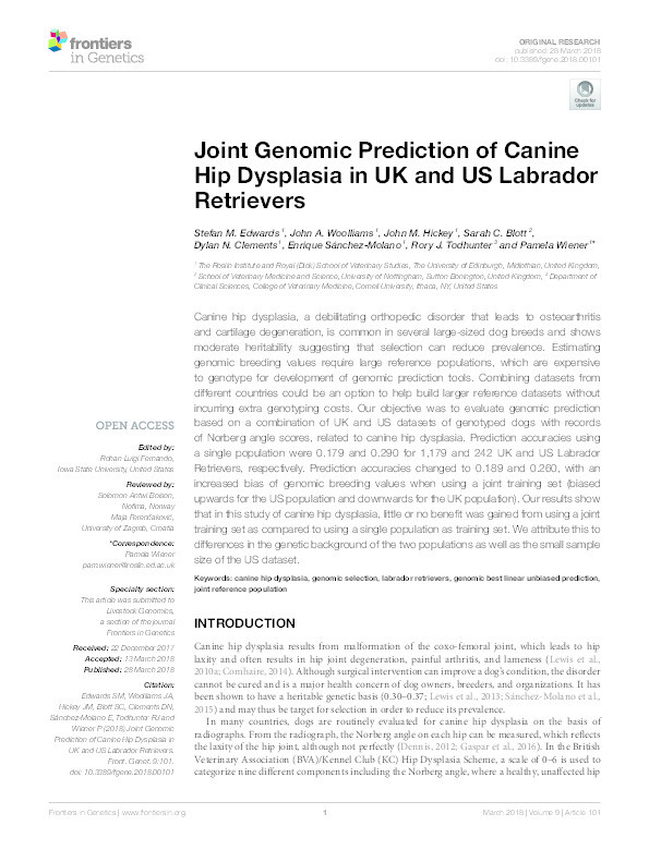Joint genomic prediction of canine hip dysplasia in UK and US Labrador Retrievers Thumbnail
