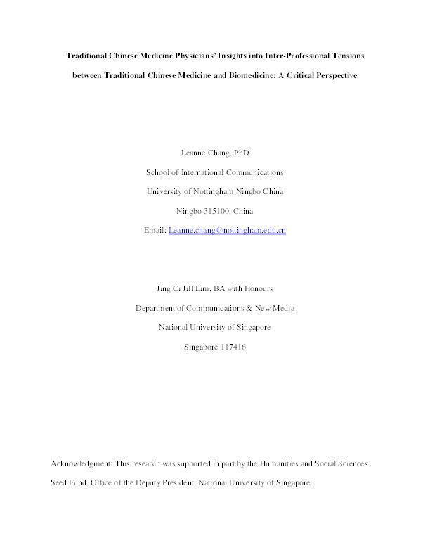 Traditional Chinese medicine physicians’ insights into inter-professional tensions between traditional Chinese medicine and biomedicine: a critical perspective Thumbnail