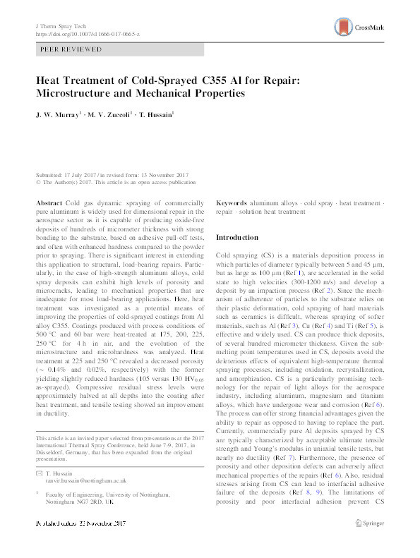 Heat treatment of cold-sprayed C355 Al for repair: microstructure and mechanical properties Thumbnail