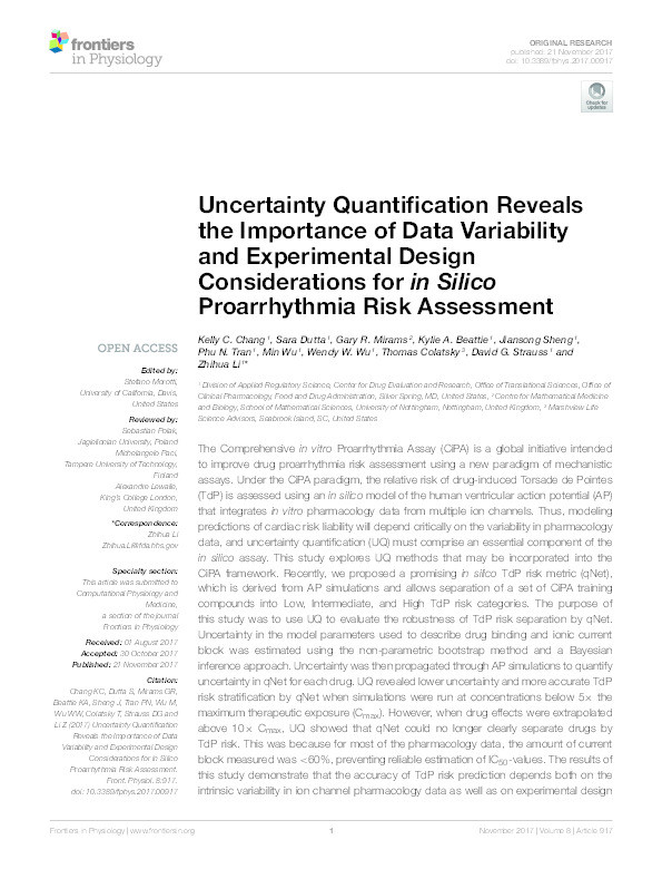 Uncertainty quantification reveals the importance of data variability and experimental design considerations for in silico proarrhythmia risk assessment Thumbnail