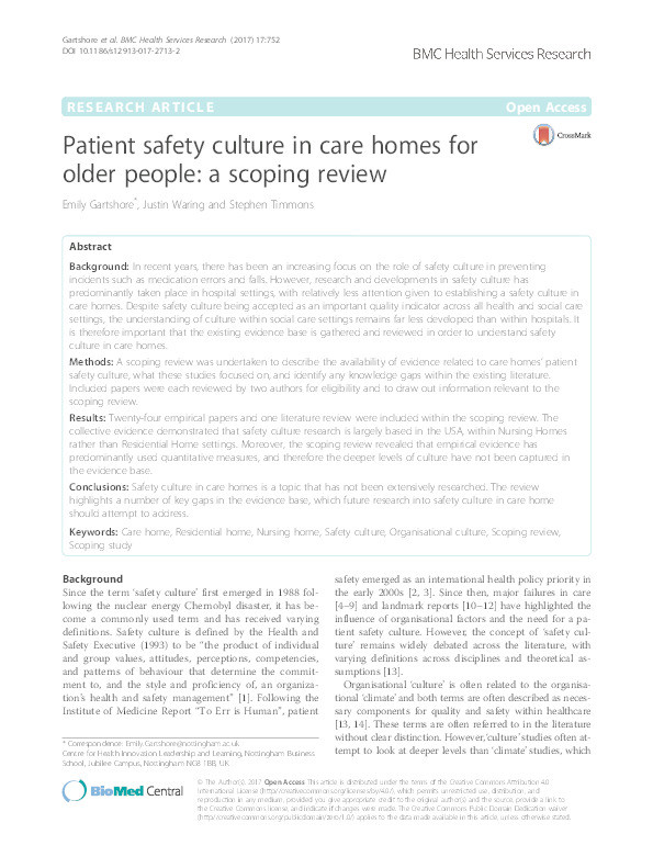 Patient safety culture in care homes for older people: a scoping review Thumbnail