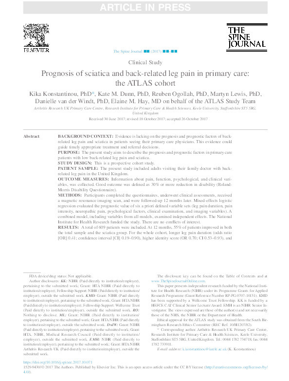 Prognosis of sciatica and back-related leg pain in primary care: the ATLAS cohort Thumbnail