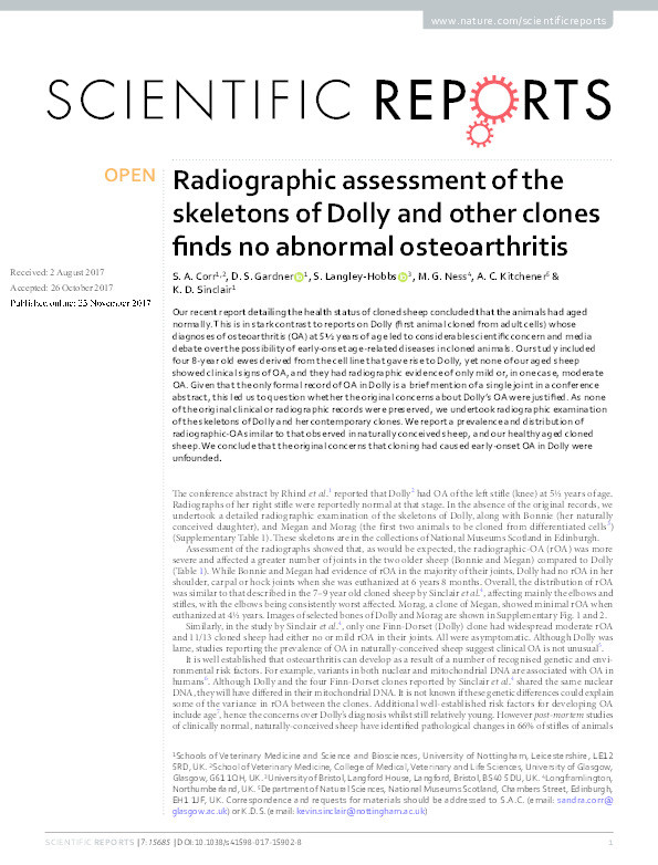 Radiographic assessment of the skeletons of Dolly and other clones finds no abnormal osteoarthritis Thumbnail