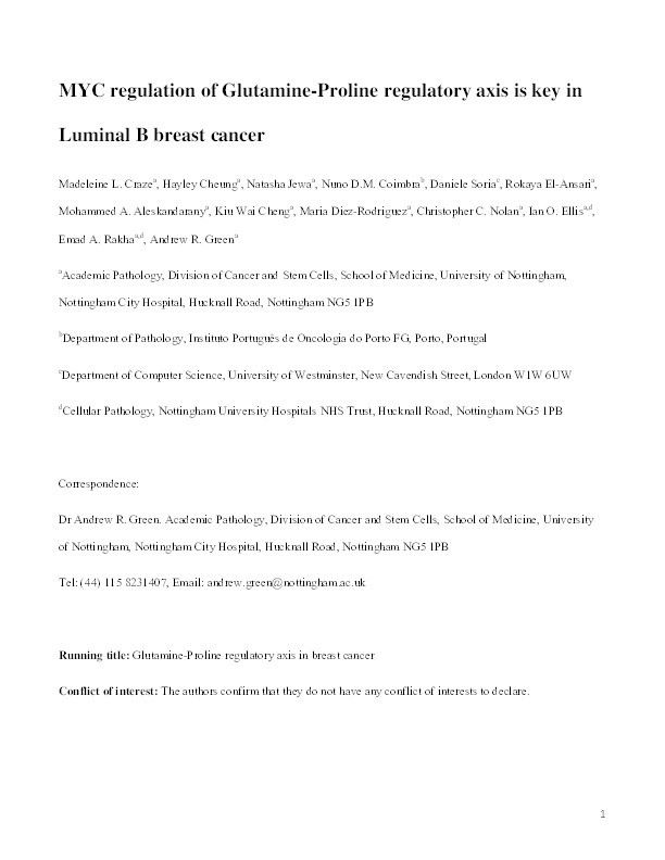 MYC regulation of Glutamine-Proline regulatory axis is key in Luminal B breast cancer Thumbnail