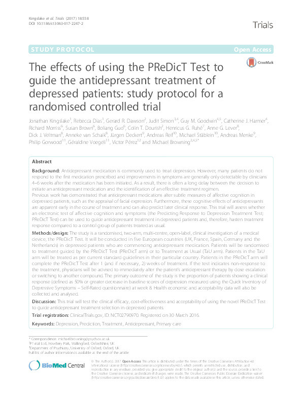 The effects of using the PReDicT Test to guide the antidepressant treatment of depressed patients: study protocol for a randomised controlled trial Thumbnail