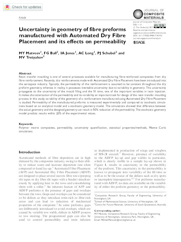 Uncertainty in geometry of fibre preforms manufactured with Automated Dry Fibre Placement and its effects on permeability Thumbnail