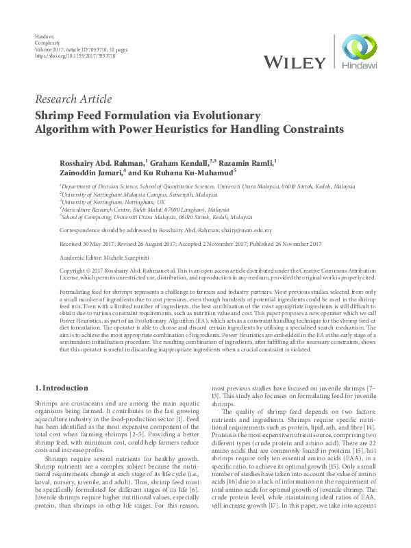 Shrimp feed formulation via evolutionary algorithm with power heuristics for handling constraints Thumbnail