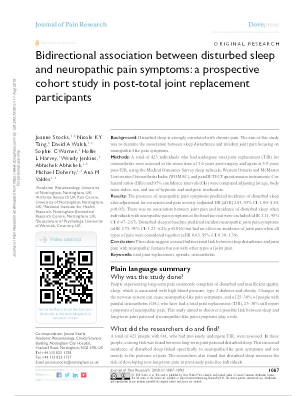 Bidirectional association between disturbed sleep and neuropathic pain symptoms: a prospective cohort study in post-total joint replacement participants Thumbnail