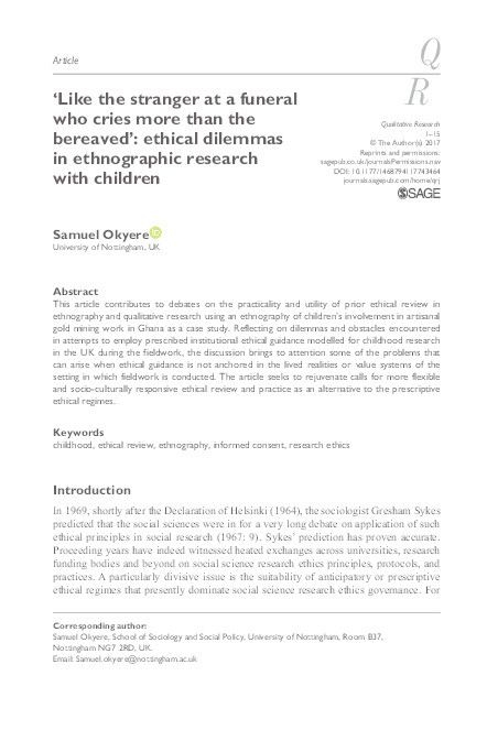 ‘Like the stranger at a funeral who cries more than the bereaved’: ethical dilemmas in ethnographic research with children Thumbnail