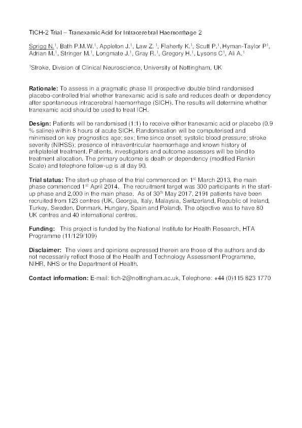 TICH-2 Trial – Tranexamic Acid for Intracerebral Haemorrhage 2 Thumbnail