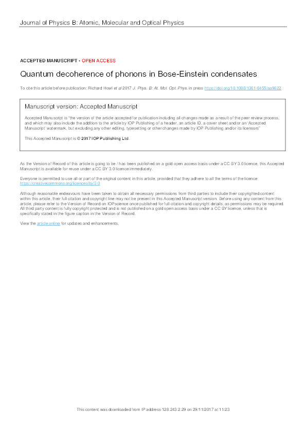 Quantum decoherence of phonons in Bose–Einstein condensates Thumbnail