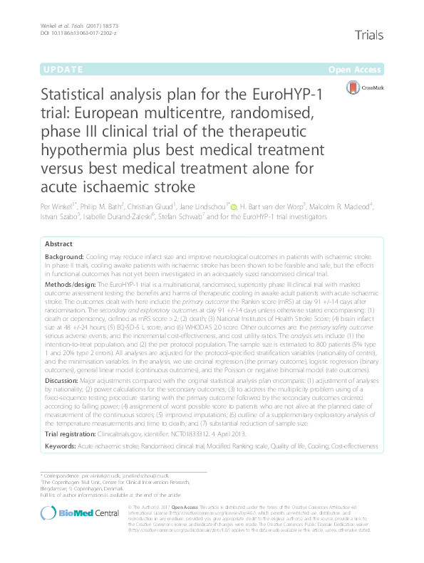 Statistical analysis plan for the EuroHYP-1 trial: European multicentre, randomised, phase III clinical trial of the therapeutic hypothermia plus best medical treatment versus best medical treatment alone for acute ischaemic stroke Thumbnail