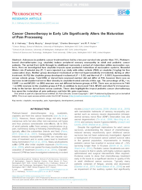 Cancer chemotherapy in early life significantly alters the maturation of pain processing Thumbnail