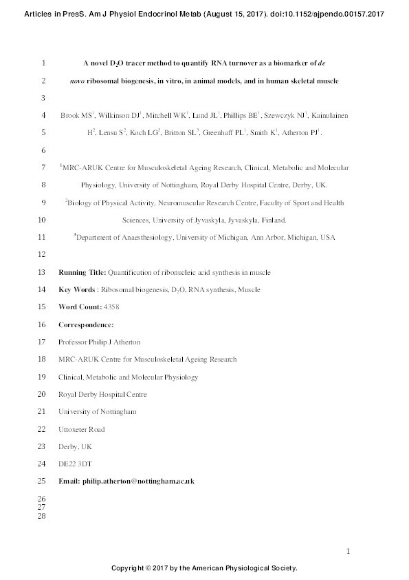 A novel D2O tracer method to quantify RNA turnover as a biomarker of de novo ribosomal biogenesis, in vitro, in animal models, and in human skeletal muscle Thumbnail