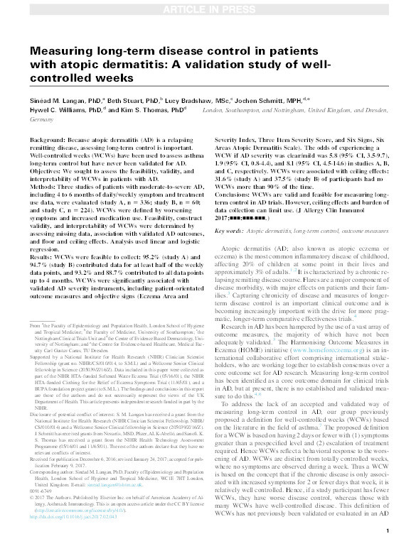 Measuring long-term disease control in patients with atopic dermatitis: A validation study of well-controlled weeks Thumbnail