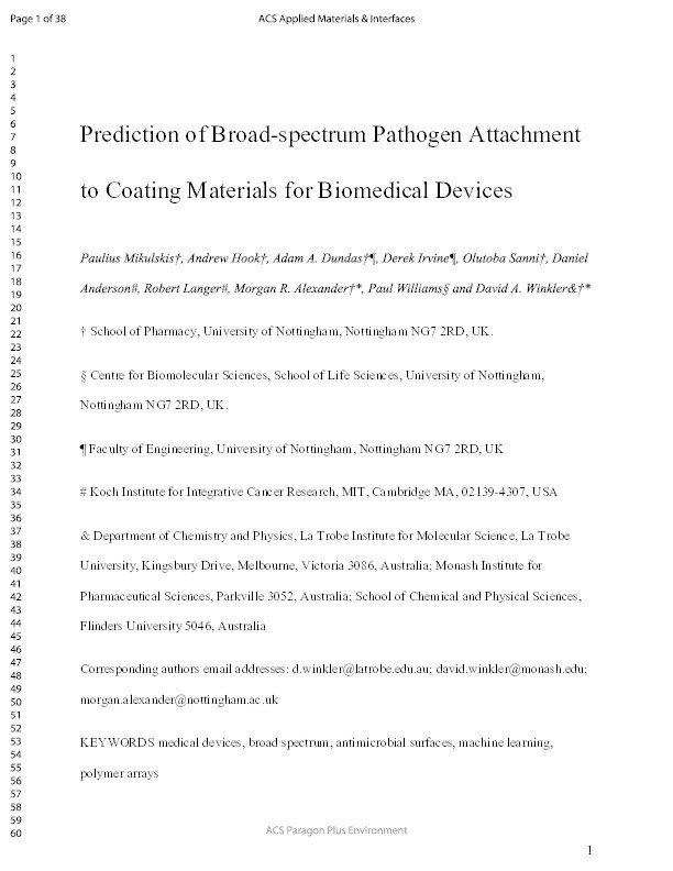 Prediction of Broad-Spectrum Pathogen Attachment to Coating Materials for Biomedical Devices Thumbnail