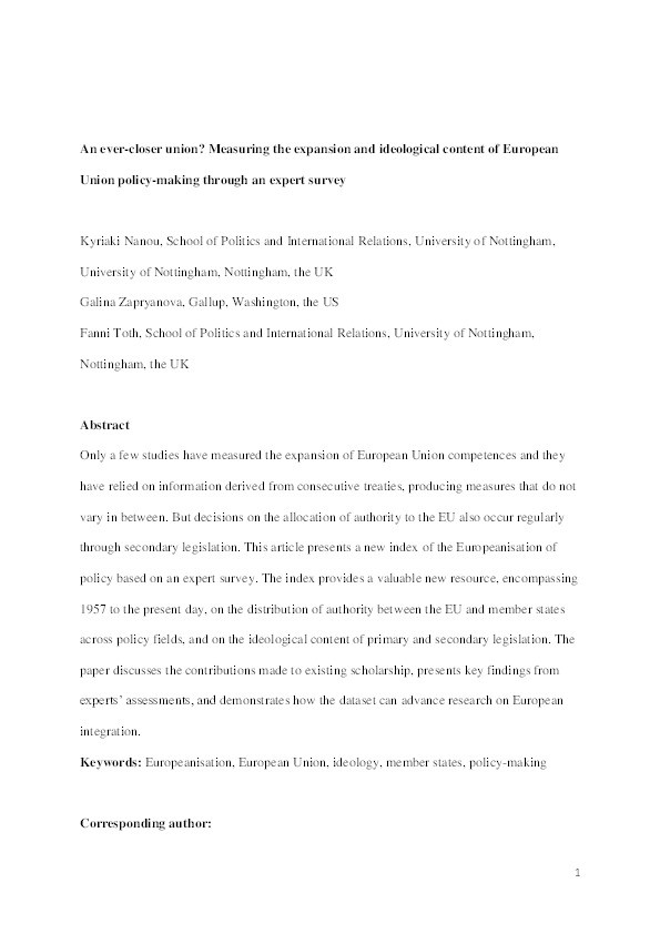 An ever-closer union?: measuring the expansion and ideological content of European Union policy-making through an expert survey Thumbnail