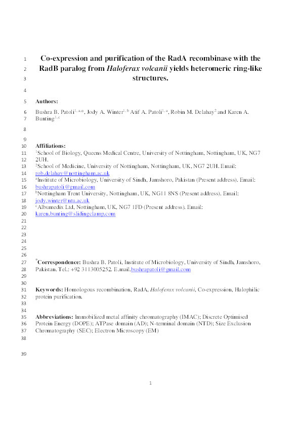 Co-expression and purification of the RadA recombinase with the RadB paralog from Haloferax volcanii yields heteromeric ring-like structures Thumbnail