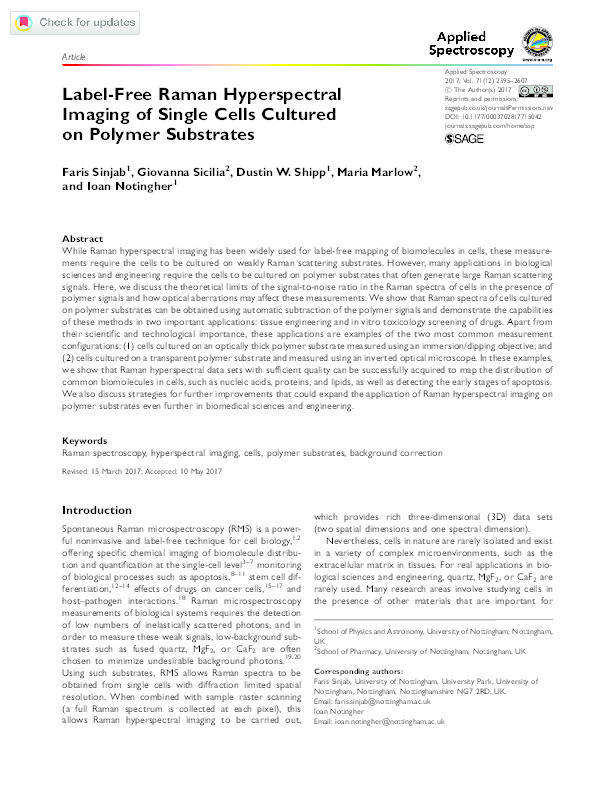 Label-free Raman hyperspectral imaging of single cells cultured on polymer substrates Thumbnail