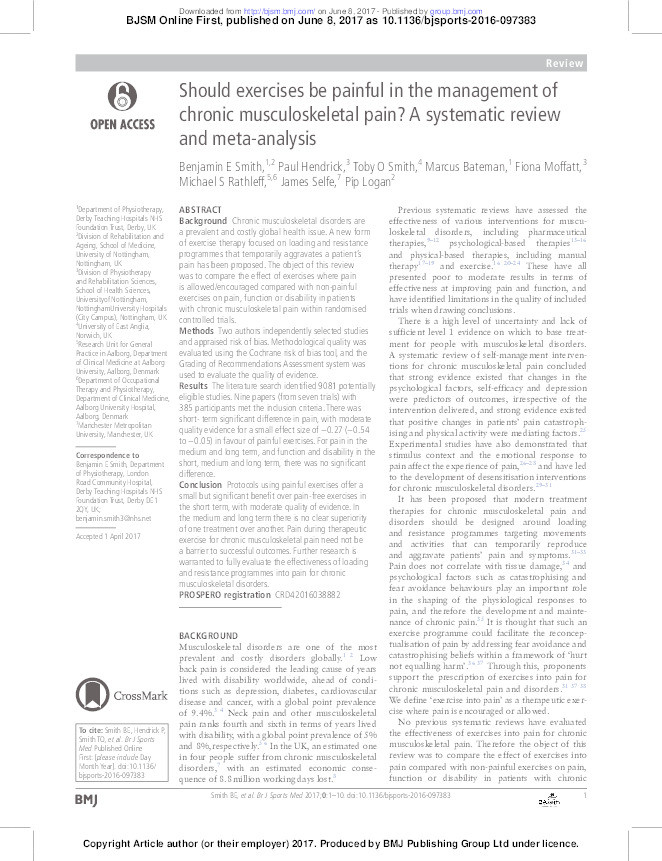 Should exercises be painful in the management of chronic musculoskeletal pain?: a systematic review and meta-analysis Thumbnail