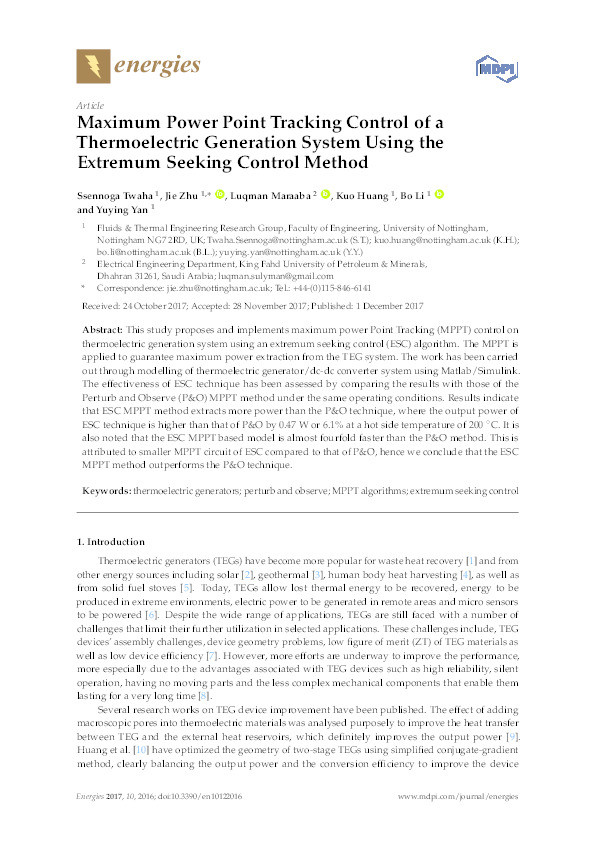 Maximum power Point Tracking control of thermoelectric generation system using extremum seeking control method Thumbnail