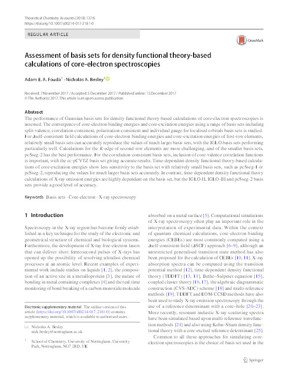 Assessment of basis sets for density functional theory based calculations of core electron spectroscopies Thumbnail