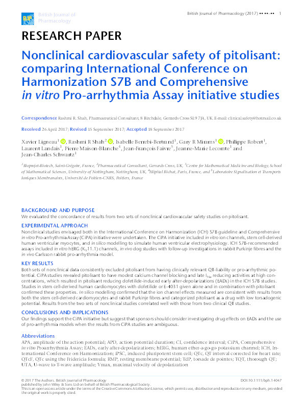 Nonclinical cardiovascular safety of pitolisant: comparing International Conference on Harmonization S7B and Comprehensive in vitro Pro-arrhythmia Assay initiative studies Thumbnail