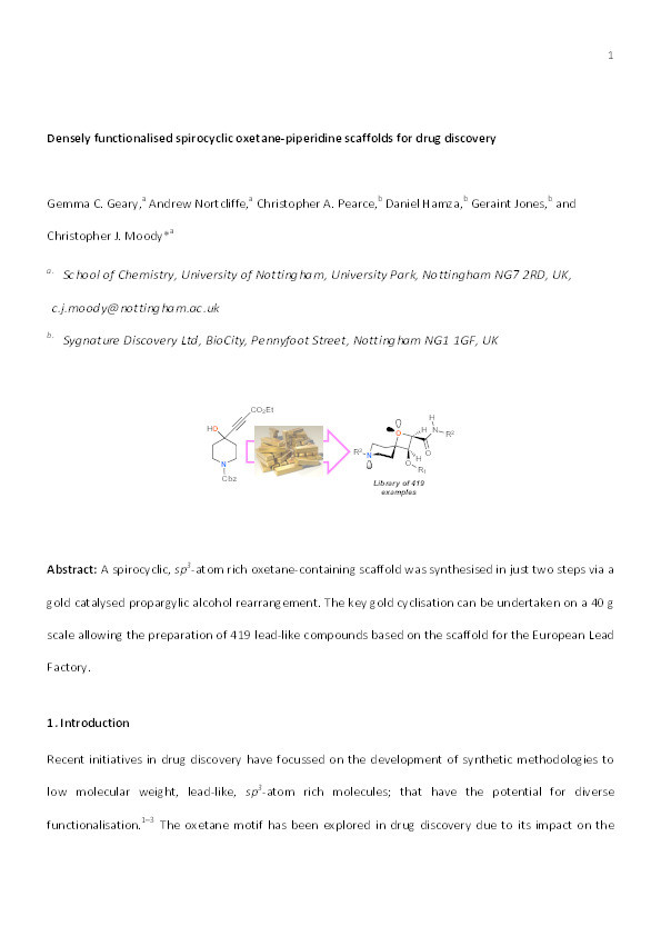 Densely functionalised spirocyclic oxetane-piperidine scaffolds for drug discovery Thumbnail