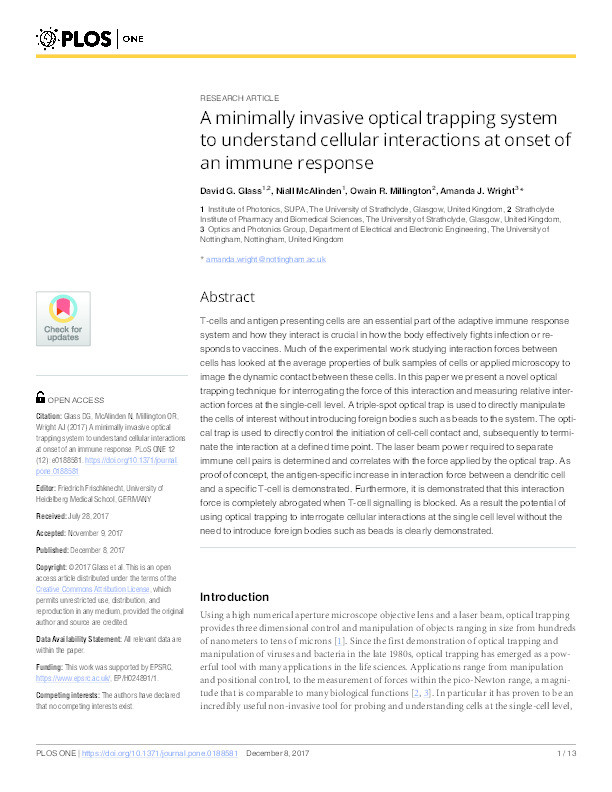 A minimally invasive optical trapping system to understand cellular interactions at onset of an immune response Thumbnail