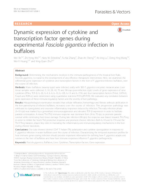 Dynamic expression of cytokine and transcription factor genes during experimental Fasciola gigantica infection in buffaloes Thumbnail