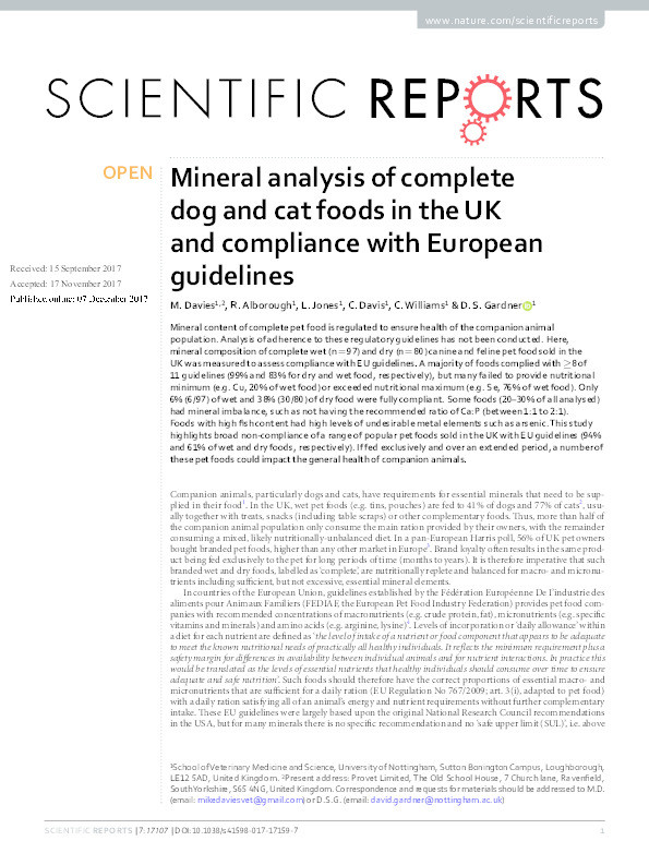 Mineral analysis of complete dog and cat foods in the UK and compliance with European guidelines Thumbnail