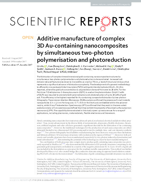 Additive manufacture of complex 3D Au-containing nanocomposites by simultaneous two-photon polymerisation and photoreduction Thumbnail