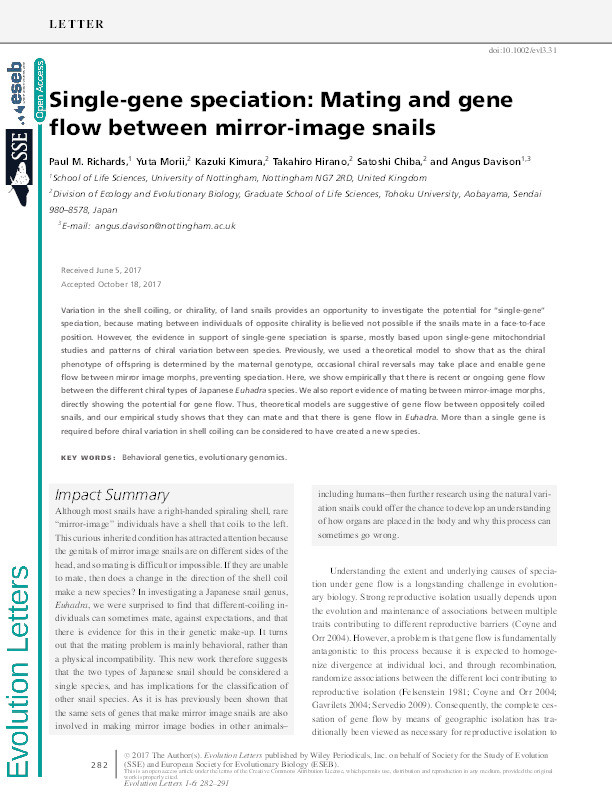 Single-gene speciation: mating and gene flow between mirror-image snails Thumbnail