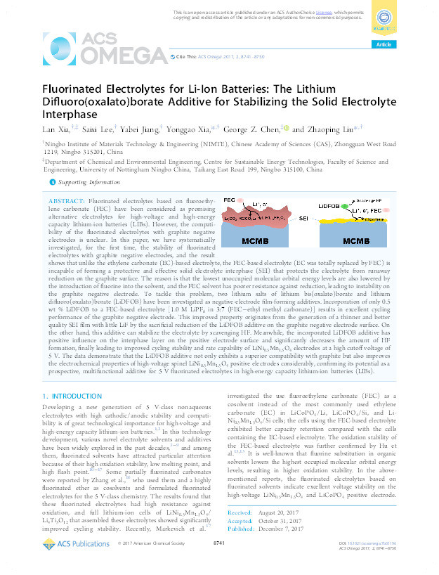Fluorinated electrolytes for li-ion batteries: the lithium difluoro(oxalato)borate additive for stabilizing the solid electrolyte interphase Thumbnail