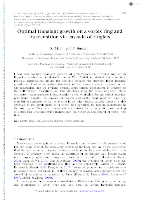 Optimal transient growth on a vortex ring and its transition via cascade of ringlets Thumbnail