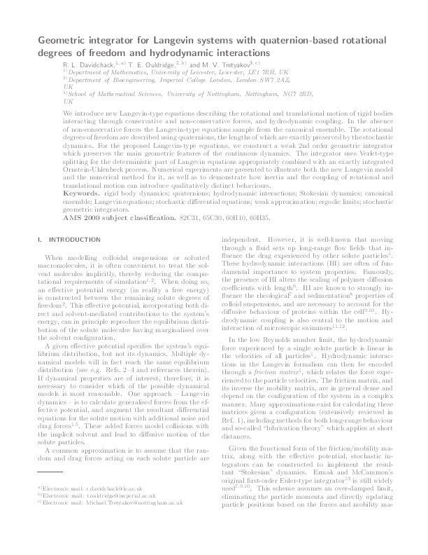 Geometric integrator for Langevin systems with quaternion-based rotational degrees of freedom and hydrodynamic interactions Thumbnail