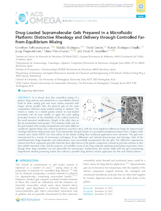 Drug-Loaded Supramolecular Gels Prepared in a Microfluidic Platform: Distinctive Rheology and Delivery through Controlled Far-from-Equilibrium Mixing Thumbnail