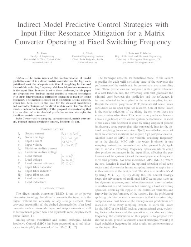 Indirect model predictive control strategies with input filter resonance mitigation for a matrix converter operating at fixed switching frequency Thumbnail