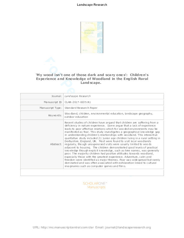 'My wood isn’t one of those dark and scary ones': children’s experience and knowledge of woodland in the English rural landscape Thumbnail