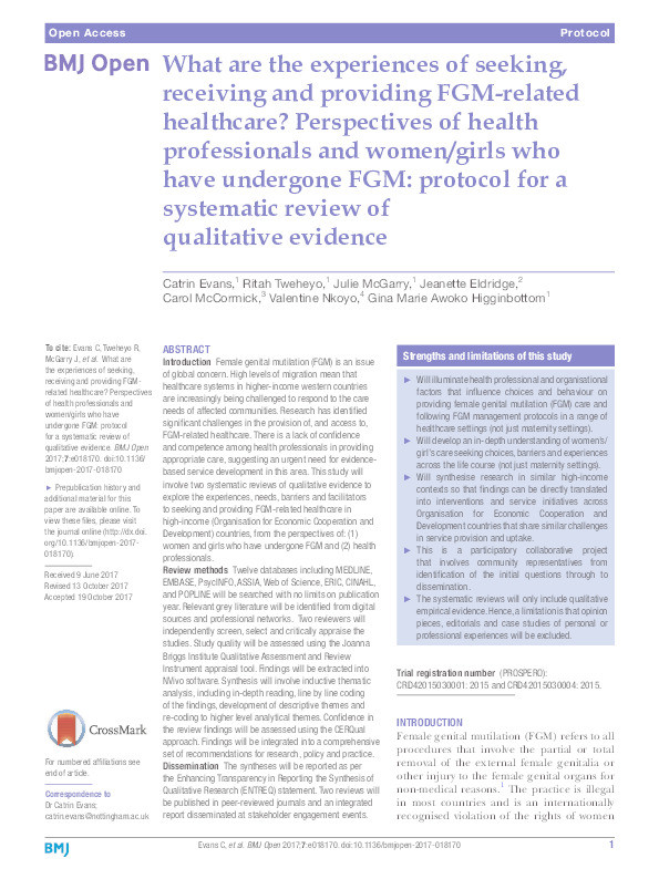 What are the experiences of seeking, receiving and providing FGM-related healthcare?: perspectives of health professionals and women/girls who have undergone FGM: protocol for a systematic review of qualitative evidence Thumbnail