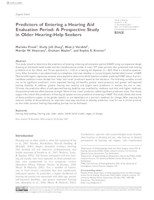 Predictors of entering a hearing aid evaluation period: a prospective study in older hearing-help seekers Thumbnail