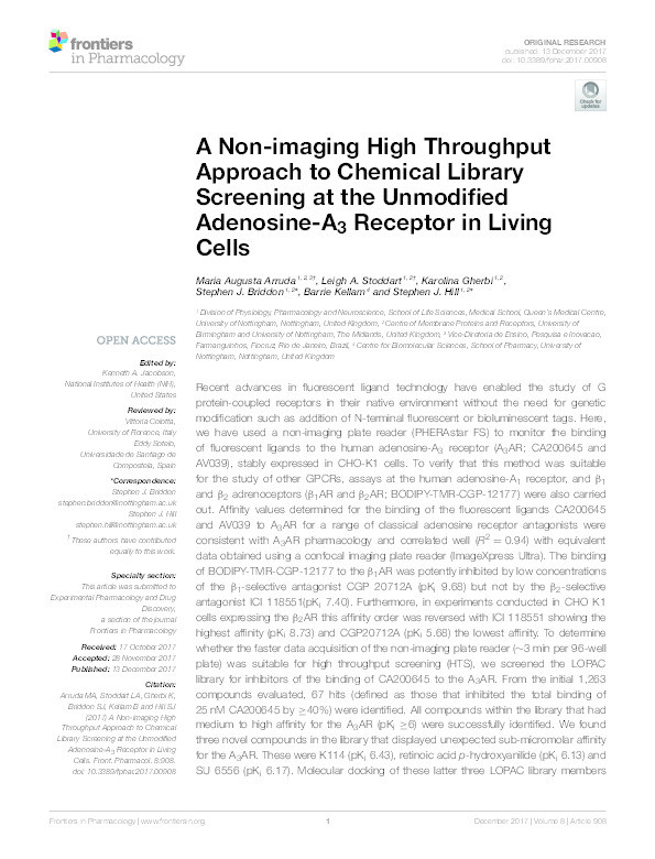 A non-imaging high throughput approach to chemical library screening at the unmodified adenosine-A3 receptor in living cells Thumbnail