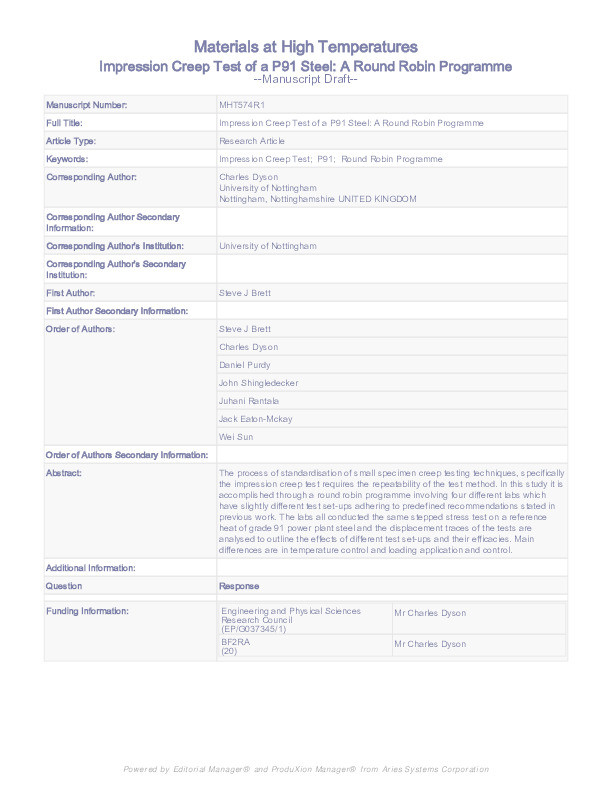 Impression creep test of a P91 steel: a round robin programme Thumbnail