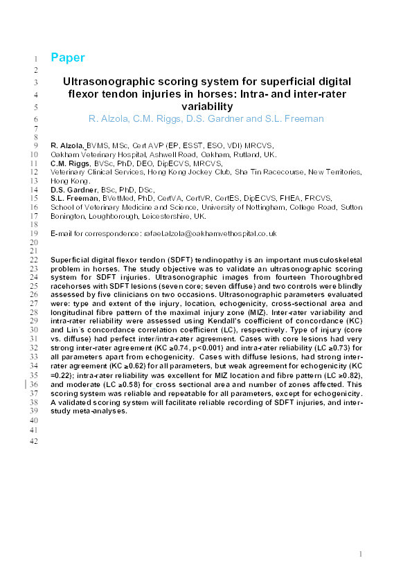 Ultrasonographic scoring system for superficial digital flexor tendon injuries in horses: intra- and inter-rater variability Thumbnail