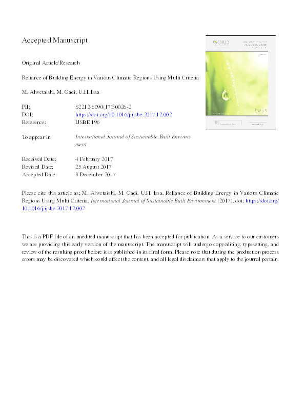 Reliance of building energy in various climatic regions using multi criteria Thumbnail