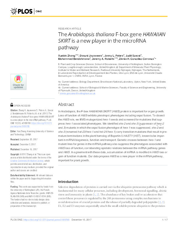 The Arabidopsis thaliana F-box gene HAWAIIAN SKIRT is a new player in the microRNA pathway Thumbnail